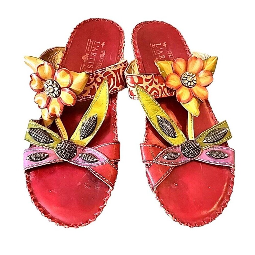 LArtiste Spring Step Sandals Shoes Size 7 / 38 Charlotte Wedge Heel Sun Flower